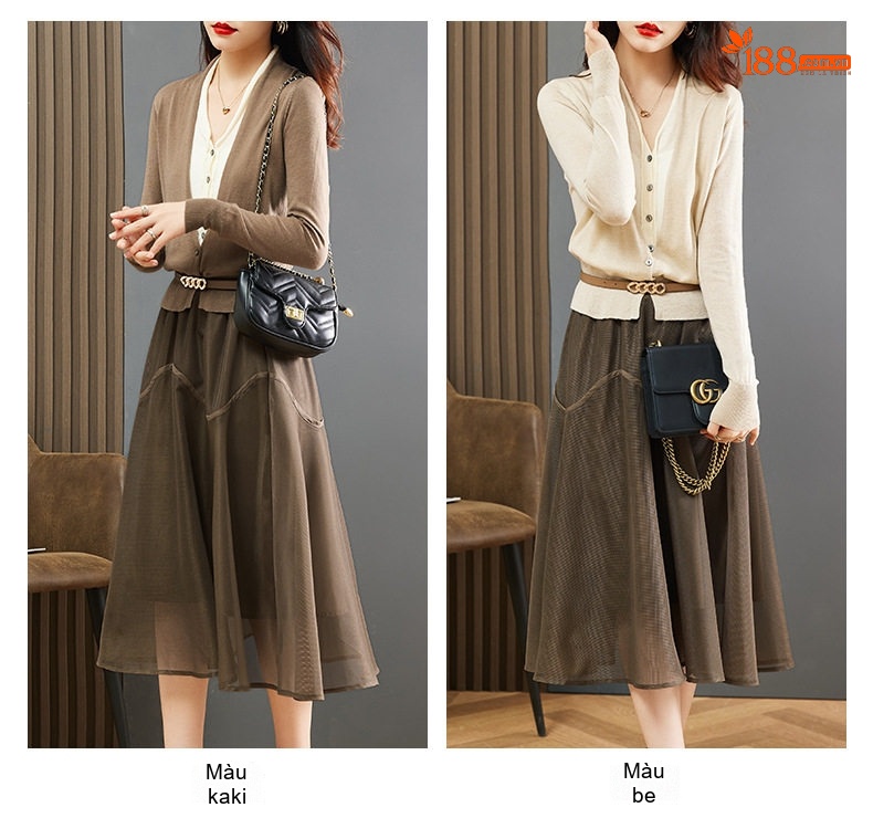 Set Áo Cardigan Dệt Kim và Chân Váy Midi Xòe Phong Cách Thời Trang Thu Đông Màu Nâu, Kem chi tiết 8