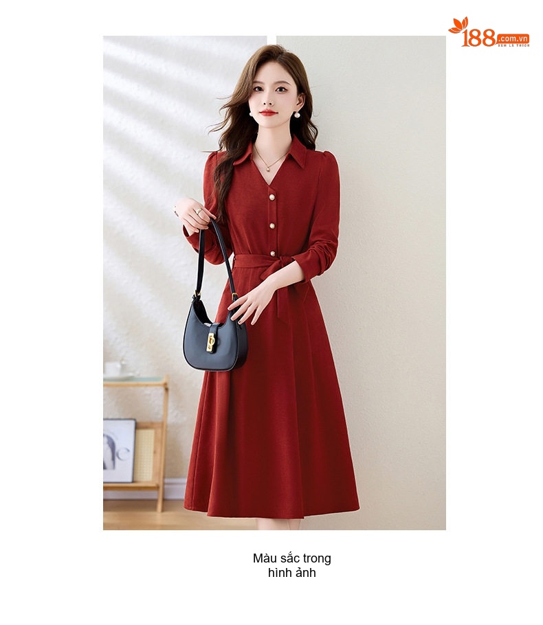 Váy Đầm Nữ dáng chữ A Thắt Eo Tay Dài Phong Cách Hàn Quốc Màu Đỏ chi tiết 6