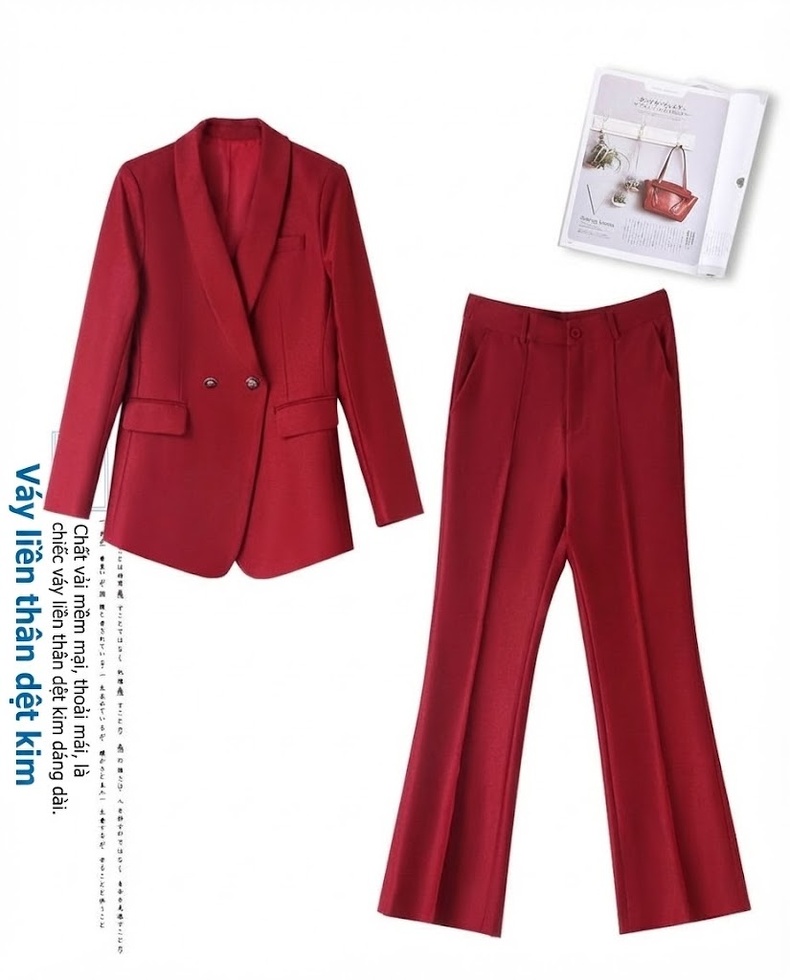 Set Bộ Vest Nữ Quần Ống Rộng Dáng Ôm Thanh Lịch Màu Đỏ, Xanh Lá, Đen chi tiết 7