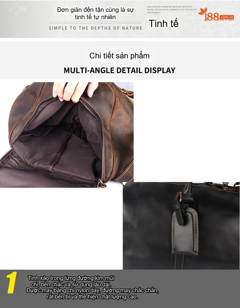Túi Du Lịch Nam Da Bò Đầu Lớp Dáng Trống Đeo Chéo Vai Xách Tay Thủ Công Vintage Màu Nâu, Đen chi tiết 20