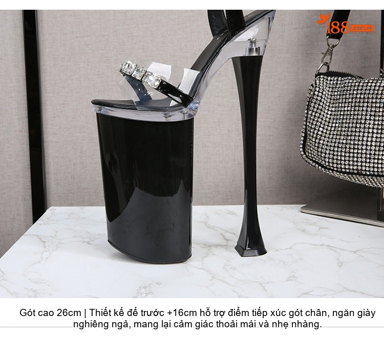 Giày Sandal Cao Gót Nữ Quai Trong Suốt Đính Đá Gót Cao 26cm Màu Đen, Đỏ, Trắng chi tiết 4