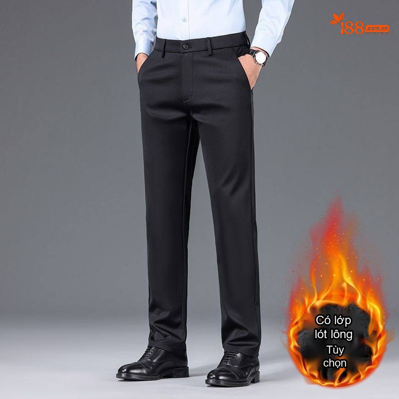 Quần Tây Nam Ống Đứng Lót Lông Cừu Dáng Suông Màu Đen