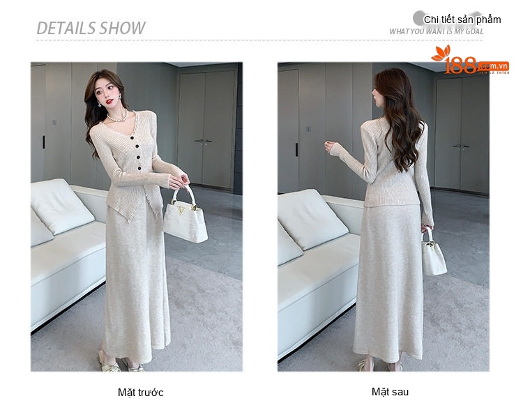Set Áo Len Dệt Kim Cổ chữ V và Chân Váy Midi dáng chữ A Thanh Lịch Màu Be, Đen, Xám chi tiết 3