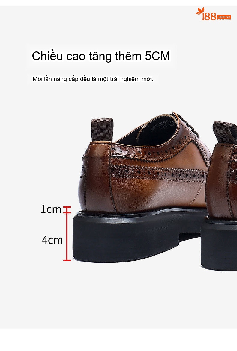 Giày Tây Buộc Dây Nam Da Bò Dáng Oxford Chiều Cao Đế Khoảng 3cm Màu Đen, Nâu chi tiết 5