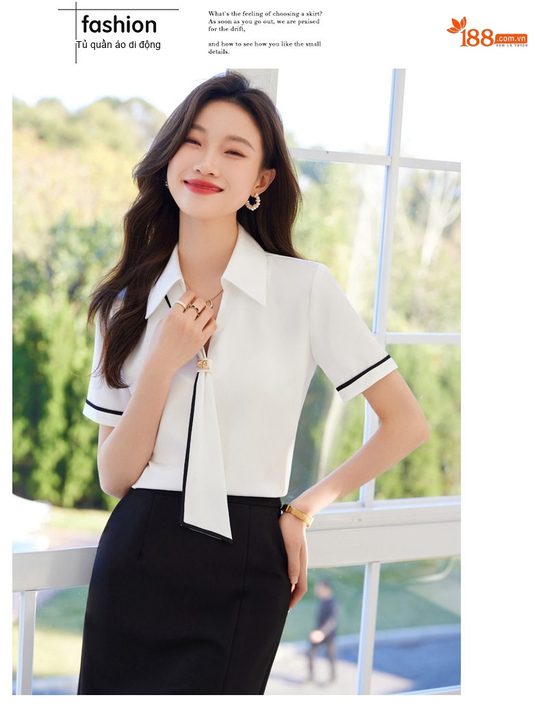 Áo Sơ Mi Nữ Cổ chữ V Tay Ngắn Kiểu Hàn Quốc Phong Cách Công Sở Màu Trắng, Xám Khói, Xanh Ô Liu chi tiết 13