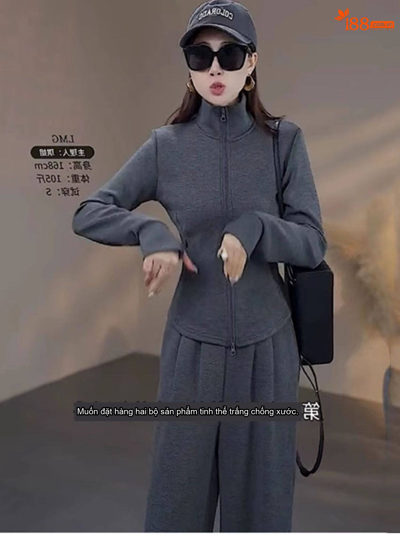 Bộ Đồ Thể Thao Nữ Áo Khoác Dệt Kim Dáng Rộng Quần Dài Lót Lông Màu Xám chi tiết 4
