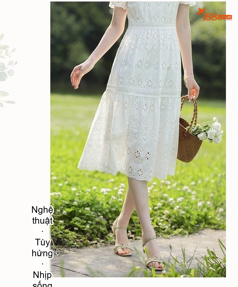 Váy liền thân Nữ Cổ Tròn Tay Ngắn Dáng Dài Chiết Eo Họa Tiết Lỗ Phong Cách Pháp Màu Trắng chi tiết 4