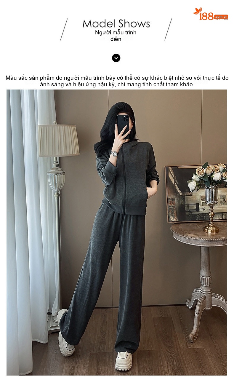 Bộ Đồ Thu Đông Nữ Áo Khoác Có Mũ Quần Ống Rộng Phong Cách Thể Thao Màu Xám chi tiết 10