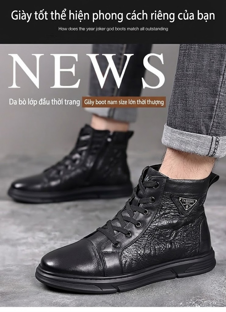 Giày Boot Martin Nam Da Bò Cao Cổ Phong Cách Anh Quốc Chiều Cao Đế Khoảng 3cm Màu Đen chi tiết 4