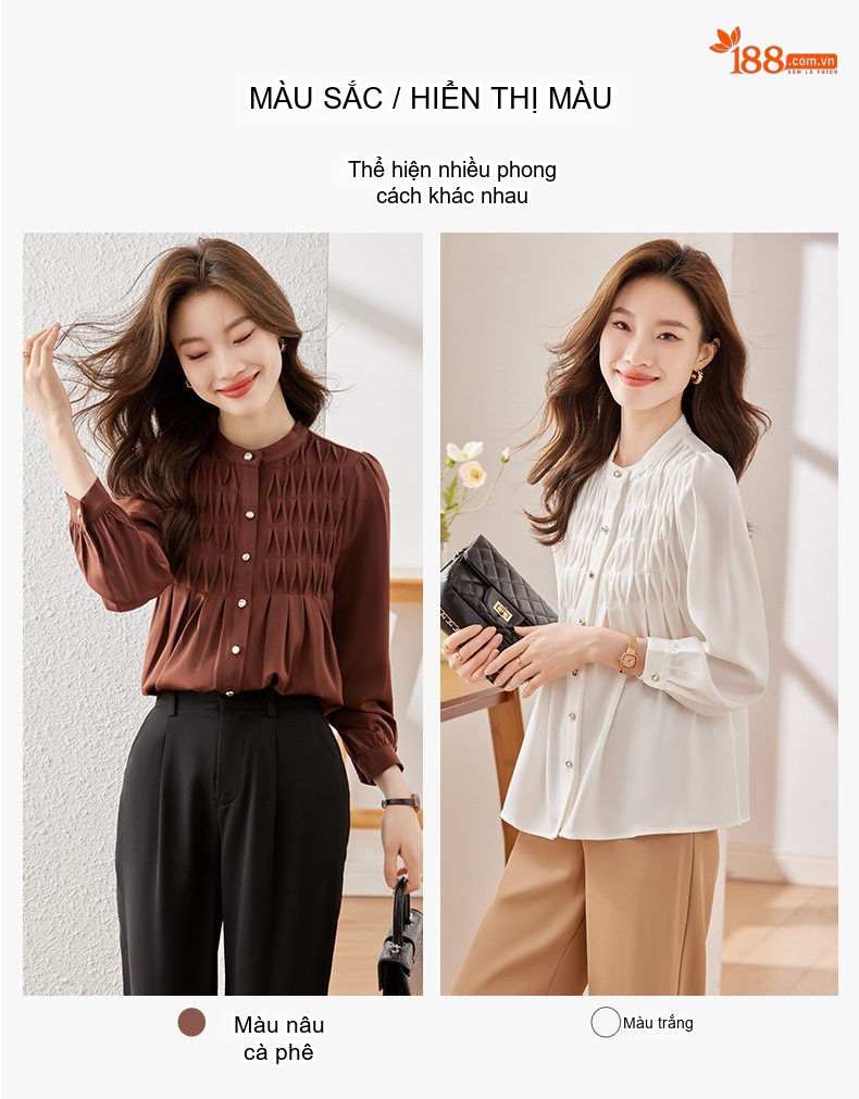 Áo Sơ Mi Nữ Dài Tay Thiết Kế Thanh Lịch Co Giãn Màu Nâu, Trắng, Vàng chi tiết 5