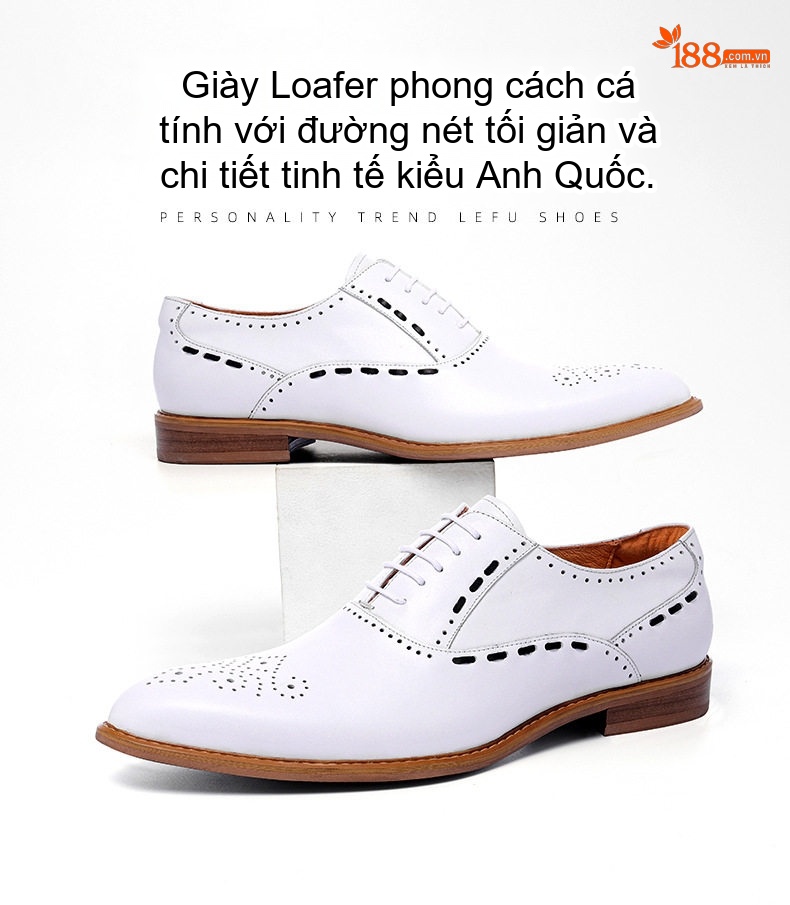 Giày Tây Buộc Dây Nam Da Bóng Brogue Chiều Cao Đế Khoảng 3cm Màu Trắng chi tiết 1