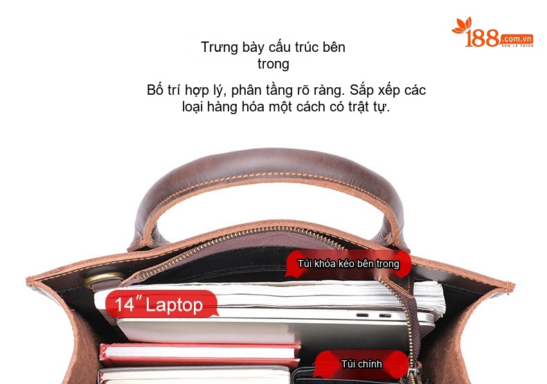 Túi Đeo Vai Nam Da Bò Crazy Horse Đựng Laptop Công Sở Màu Nâu Đậm, Nâu Vàng chi tiết 2