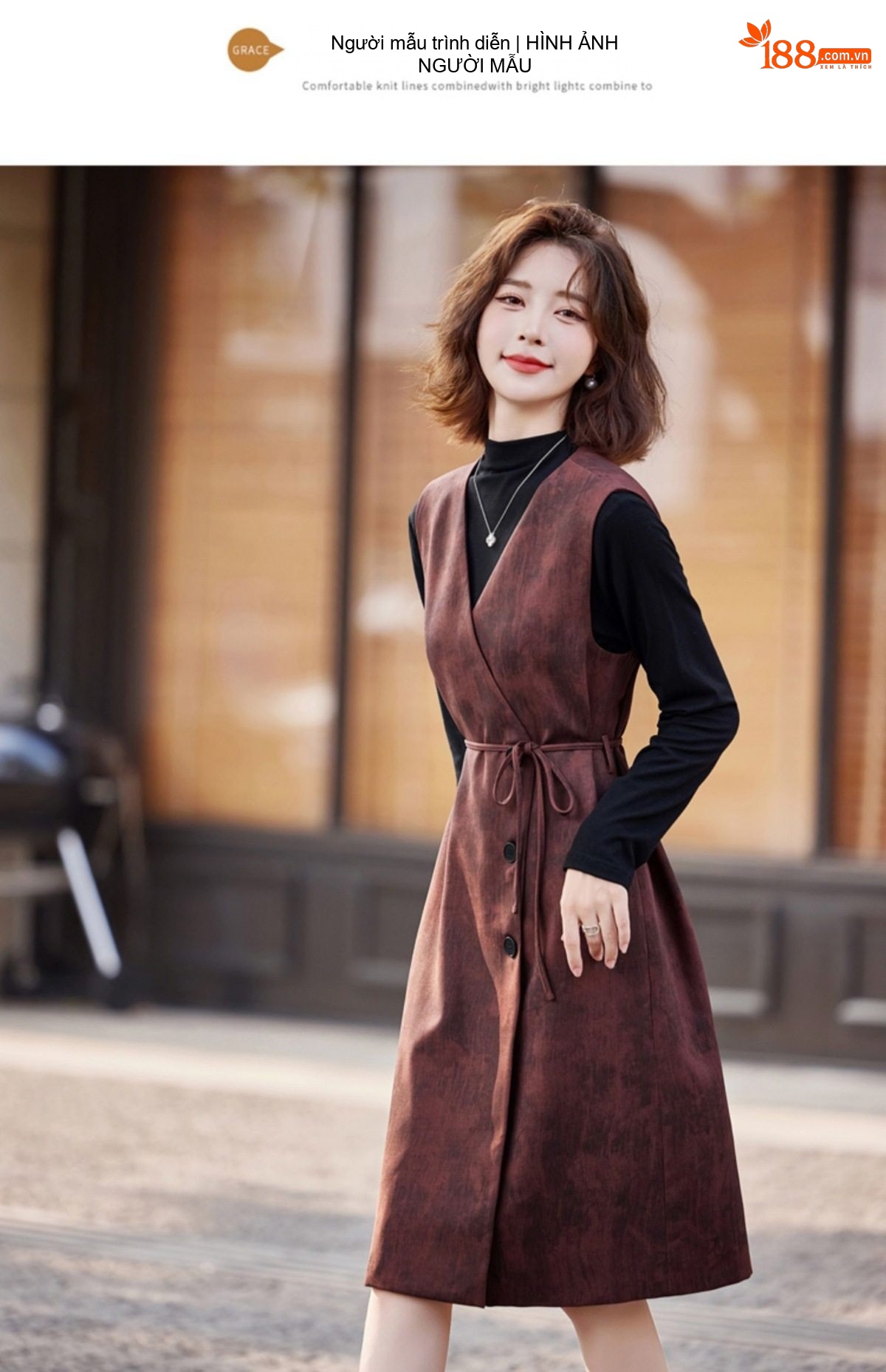 Váy Hai Dây Nữ Bộ Áo Gile dáng chữ A Thắt Eo Phong Cách Thanh Lịch Màu Nâu, Xám chi tiết 10