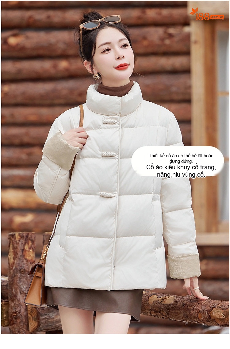 Áo Khoác Phao Nữ Cổ Trụ Tay Bo Chun Cúc Bấm Phong Cách Cổ Điển Lót Lông Vịt Trắng 90 Màu Nâu, Trắng, Đen chi tiết 12