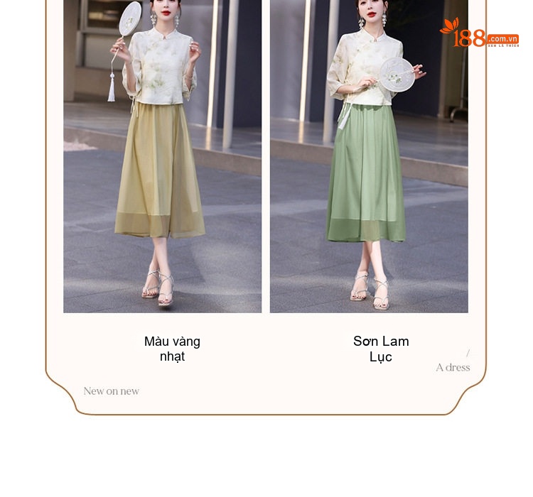 Set Áo Kiểu Tay Lỡ Họa Tiết Cổ Tàu và Chân Váy Chữ A Lưng Cao Phong Cách Trung Hoa Màu Vàng, Xanh chi tiết 7
