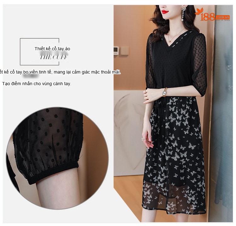 Váy Lụa Tơ Tằm Nữ Thiết Kế 2 Lớp Họa Tiết Mỏng Nhẹ Màu Đen chi tiết 5
