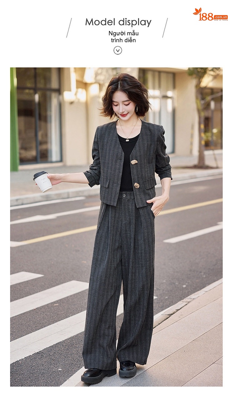 Set Bộ Tiểu Thư Áo Khoác Quần Ống Rộng Dáng Suông Kẻ Sọc Màu Xám, Nâu chi tiết 11