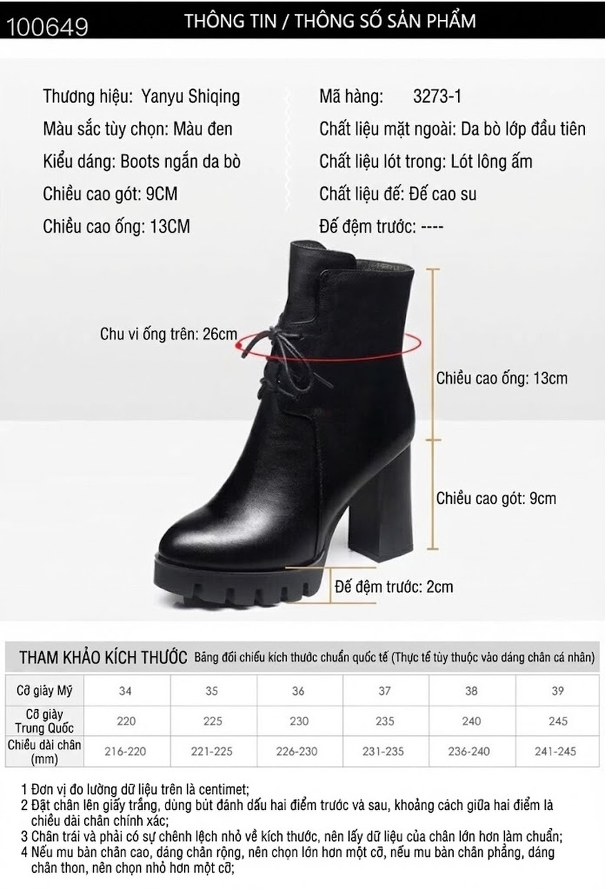 Boot Nữ Da Bò Cổ Ngắn Buộc Dây Chiều Cao Đế Khoảng 7cm Màu Đen chi tiết 6
