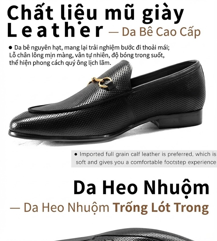 Giày Lười Nam Da Đục Lỗ Thoáng Khí Công Sở Chiều Cao Đế Khoảng 3cm Màu Đen chi tiết 4