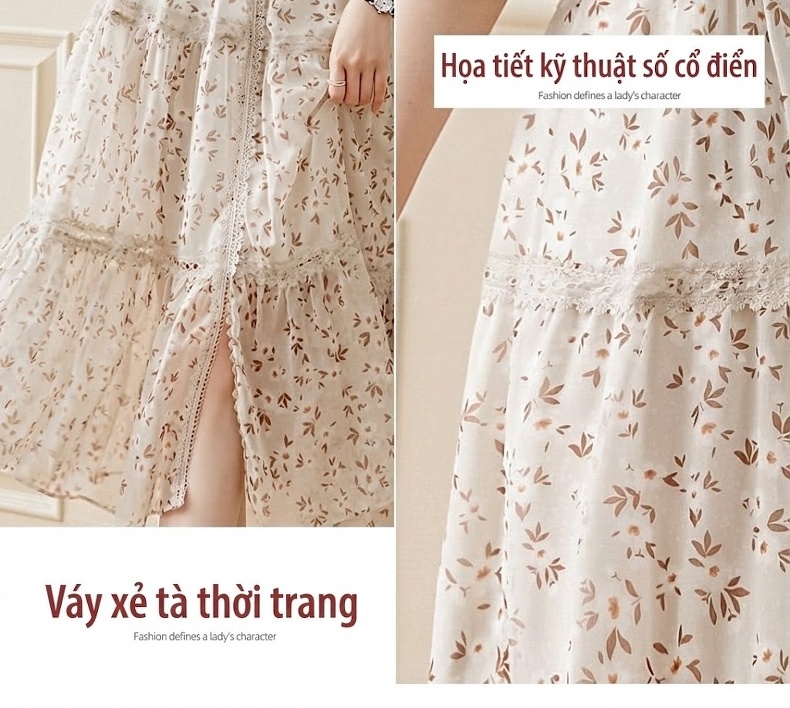 Váy Hoa Nhí Voan Dáng Dài Tay Ngắn Phong Cách Pháp Thanh Lịch chi tiết 6