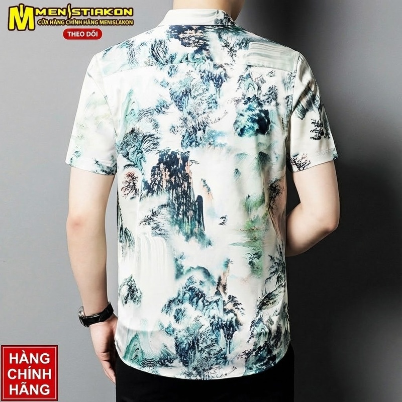 Áo Sơ Mi Nam Tay Ngắn In Hoa Phong Cách Trung Quốc Chất Liệu Lụa Băng Màu Trắng, Xanh