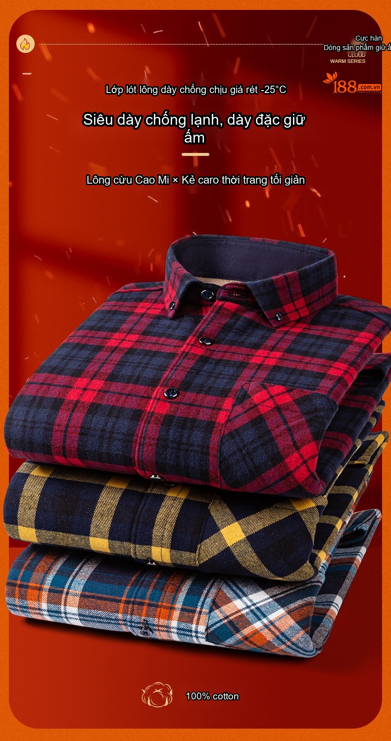 Áo Sơ Mi Nam Ca Rô Lông Cừu Non Cotton Dày Dặn Giữ Ấm Màu Đen, Đỏ, Xanh Dương, Xanh Lá... chi tiết 5