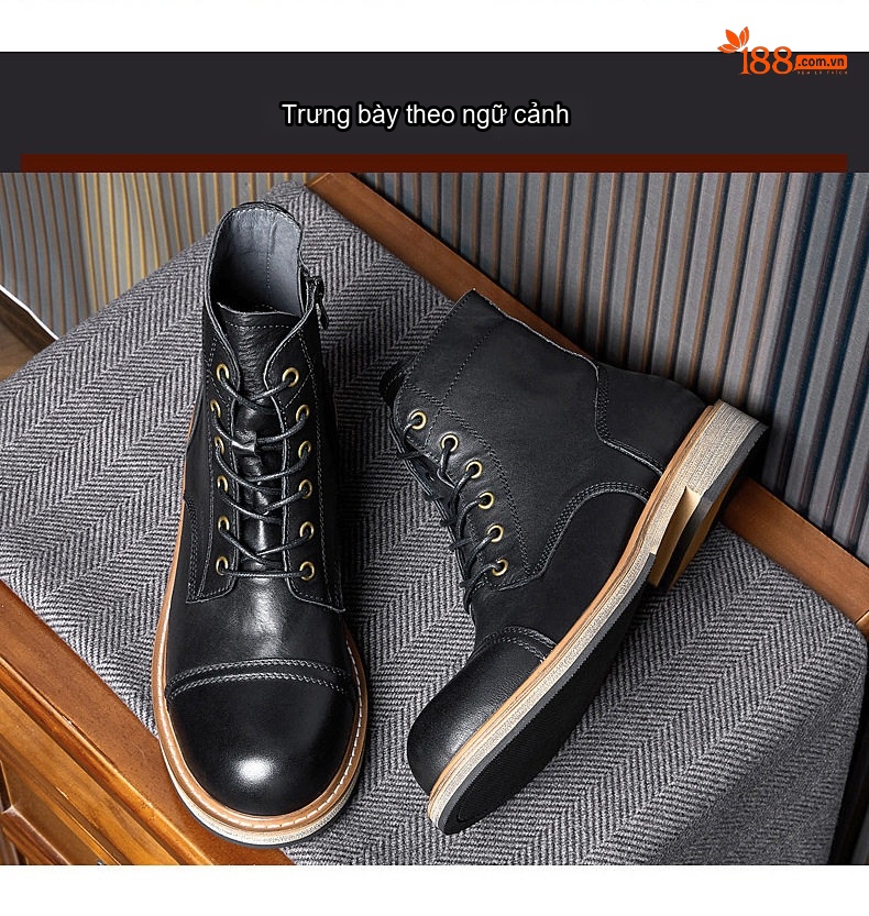 Giày Boot Martin Nam Cao Cổ Da Thật Đế Dày Chiều Cao Đế Khoảng 3cm Phong Cách Anh Quốc Màu Nâu, Đen chi tiết 9