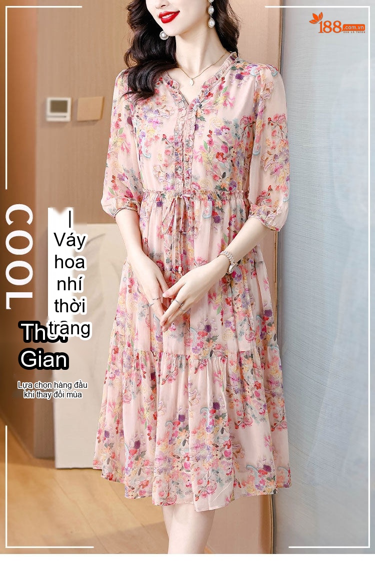 Váy liền thân Nữ Lụa Gấm Họa Tiết Hoa Nhí Cổ Điển Thanh Lịch chi tiết 1