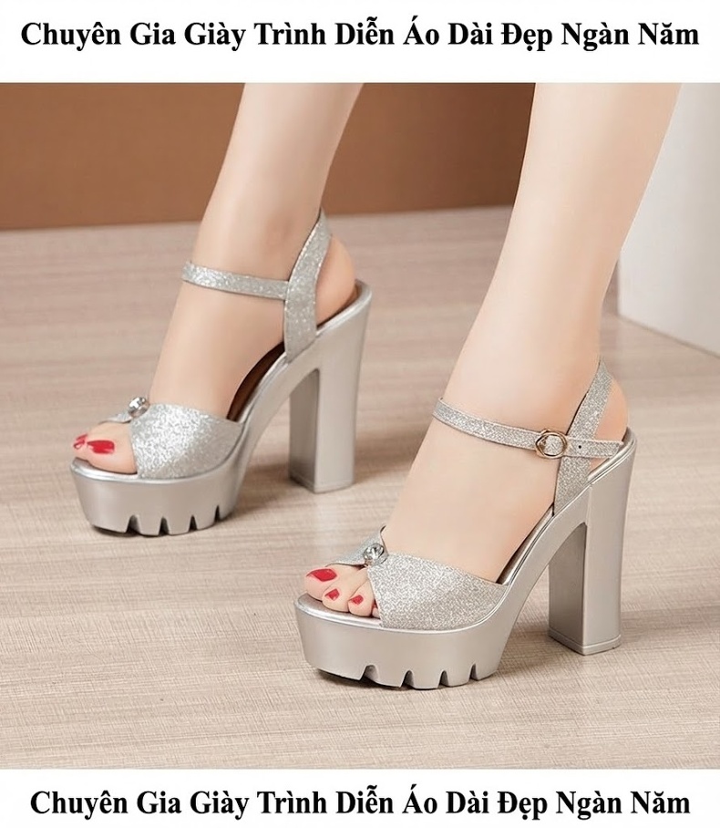 Giày Sandal Cao Gót Nữ Quai Ngang Hở Ngón Gót Cao 13cm Màu Bạc, Vàng, Đen chi tiết 8