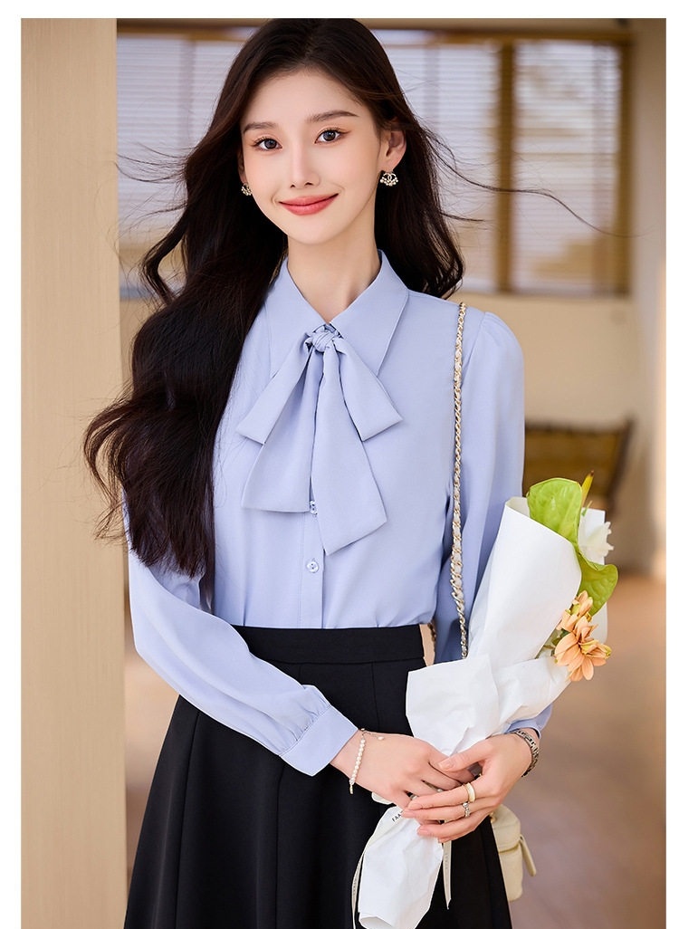 Áo Sơ Mi Nữ Tay Dài Cổ Nơ Voan Phong Cách Công Sở Màu Trắng, Xanh chi tiết 11