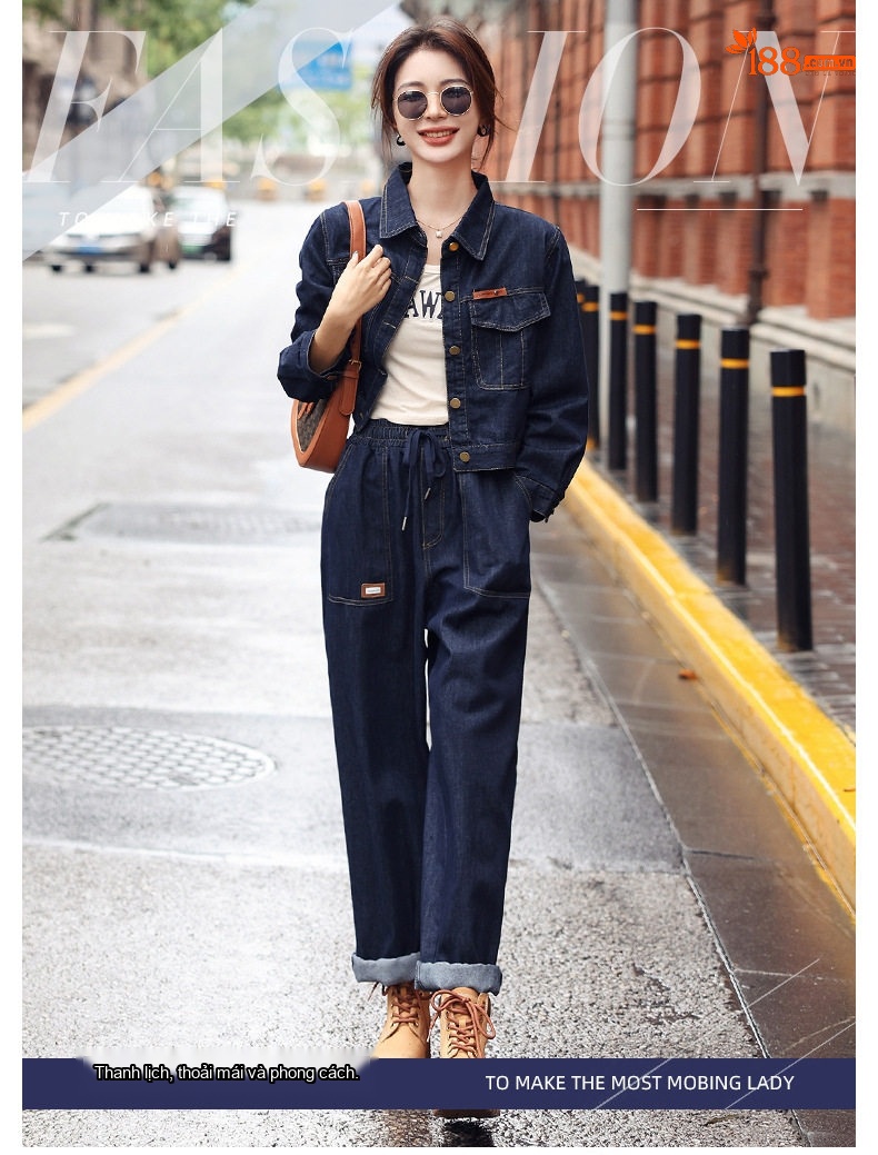 Set Bộ Quần Áo Nữ Jean Dáng Suông Công Sở Thanh Lịch Màu Xanh Navy chi tiết 2