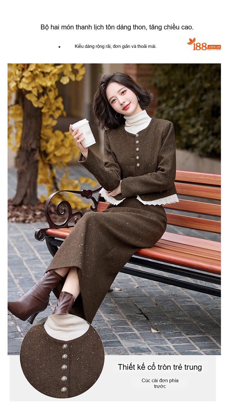 Set Áo Khoác Lửng và Chân Váy Nữ Vải Tweed Phong Cách Tiểu Thư Màu Nâu, Xám chi tiết 5
