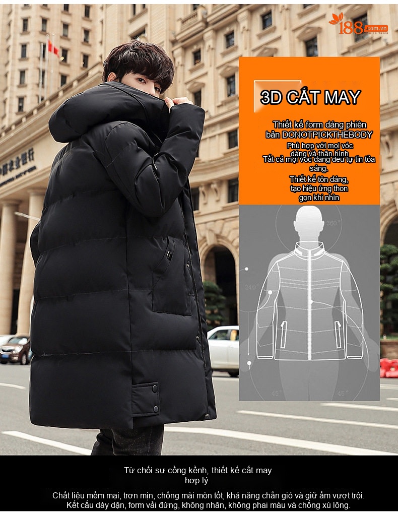 Áo Khoác Phao Nam Dáng Dài Có Mũ Cotton Lót Dày Dặn Màu Đen, Xanh Rêu, Xám chi tiết 4