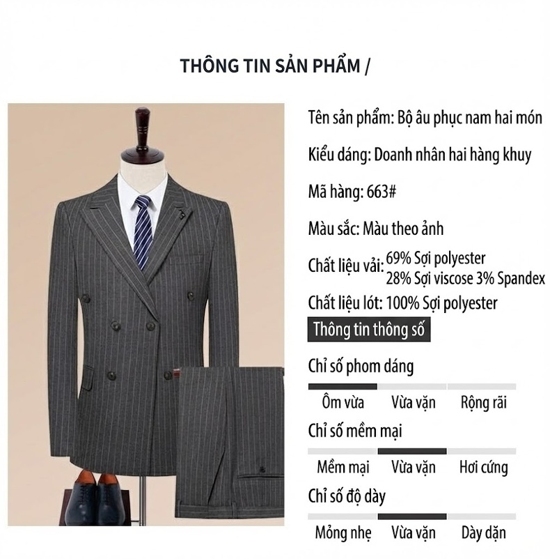 Bộ Vest Nam Kẻ Sọc Dáng Ôm Chống Nhăn Cúc Đôi Màu Xám chi tiết 11