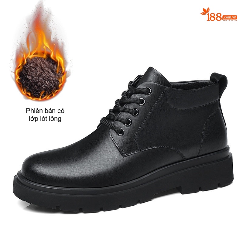 Giày Boot Nam Cổ Lửng Da Bóng Buộc Dây Chiều Cao Đế Khoảng 4cm Màu Đen