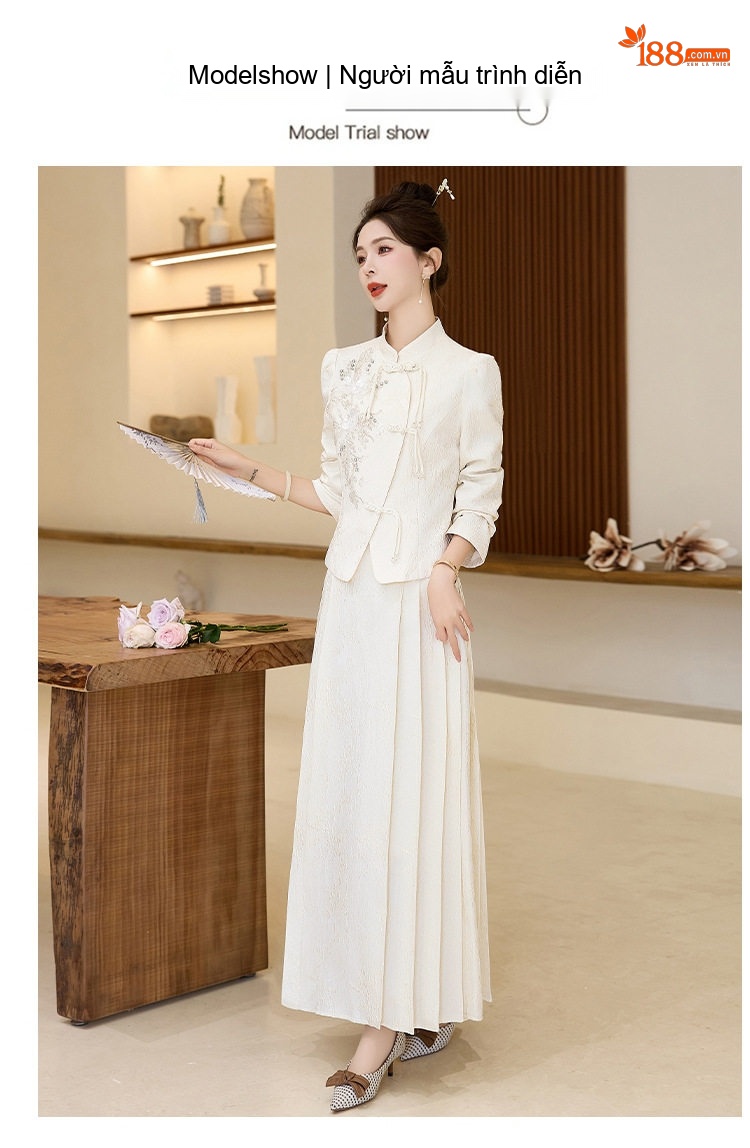 Set Áo và Chân Váy Mã Diện Nữ Phong Cách Trung Hoa Hiện Đại, Thiết Kế Sang Trọng Màu Kem chi tiết 13