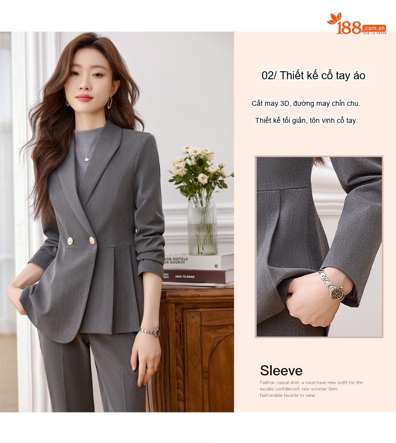 Bộ Vest Công Sở Nữ Dáng Ôm Thanh Lịch Màu Đen, Xám, Xanh Navy chi tiết 6