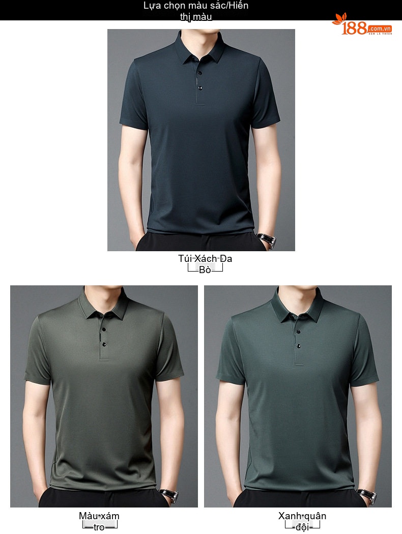 Áo Thun Polo Nam Tay Ngắn Lụa Tơ Tằm Trung Niên Màu Đỏ Rượu, Xám Đậm, Xanh Rêu, Xanh Đậm... chi tiết 3