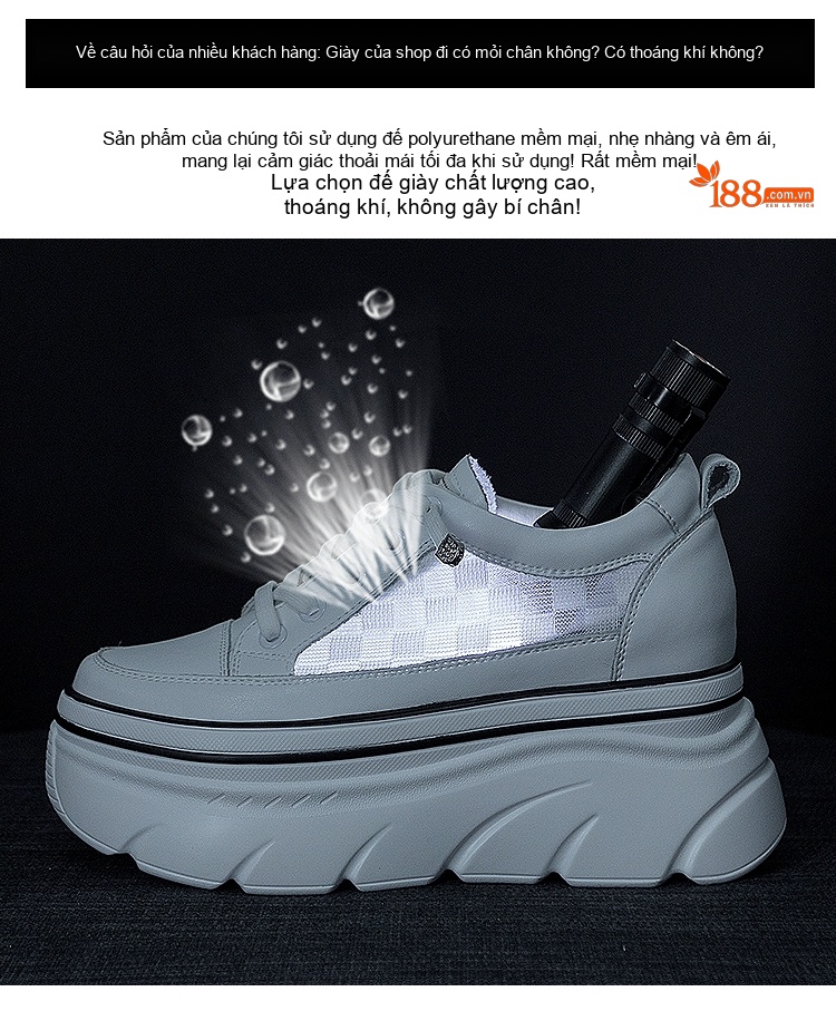 Giày Sneaker Nữ Da Bóng Đế Xuồng Chiều Cao Đế Khoảng 5cm Màu Trắng chi tiết 9