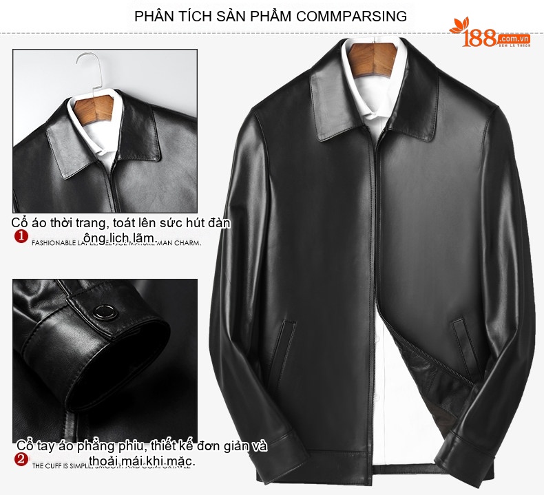 Áo Khoác Da Cừu Nam Cổ Bẻ Khóa Kéo Ngắn Tay Dài Mỏng Phong Cách Doanh Nhân Màu Đen chi tiết 4