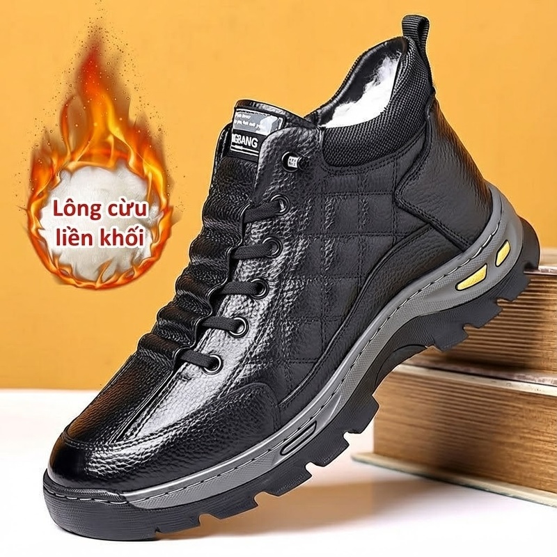 Giày Boot Nam Da Bóng Cao Cổ Lót Lông Chiều Cao Đế Khoảng 4cm Màu Đen