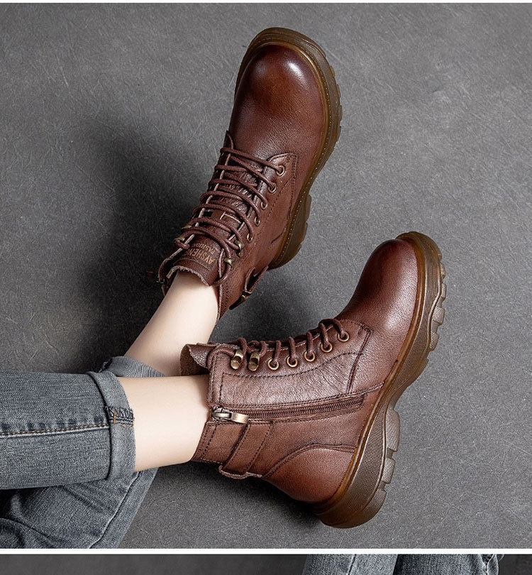 Boot Martin Nữ Da Bò Cổ Thấp Buộc Dây Chiều Cao Đế Khoảng 3.5cm Màu Đen, Nâu chi tiết 10
