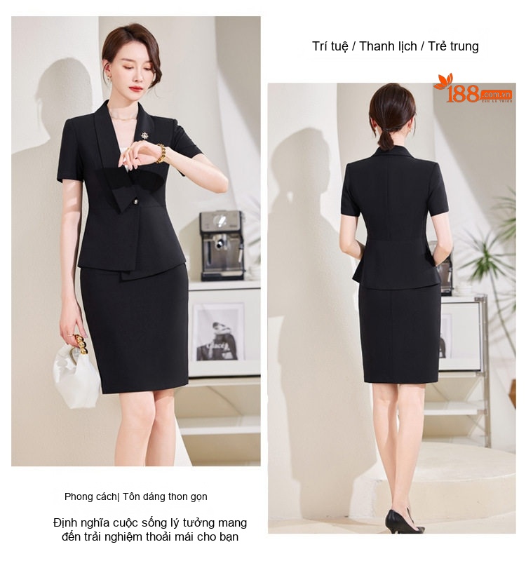 Bộ Vest Công Sở Nữ Tay Ngắn Dáng Lệch Màu Xám, Đen chi tiết 15