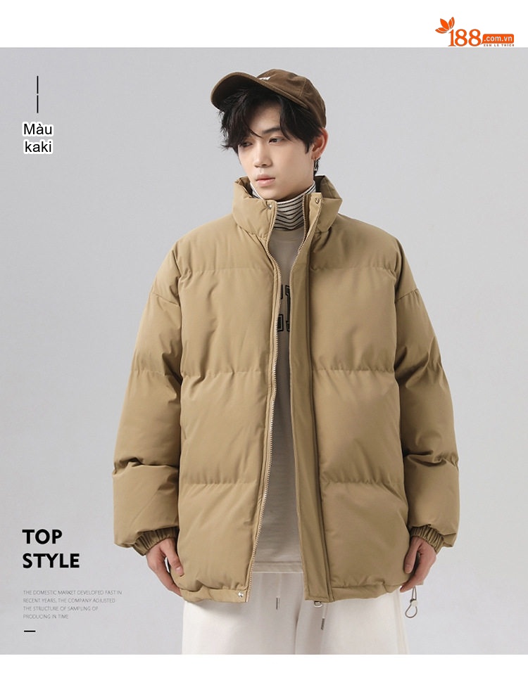 Áo Khoác Cotton Nam Nữ Dáng Rộng Cổ Trụ Chống Thấm Nước Mùa Đông Màu Xám Đậm, Tím, Đỏ, Xanh Lá... chi tiết 37