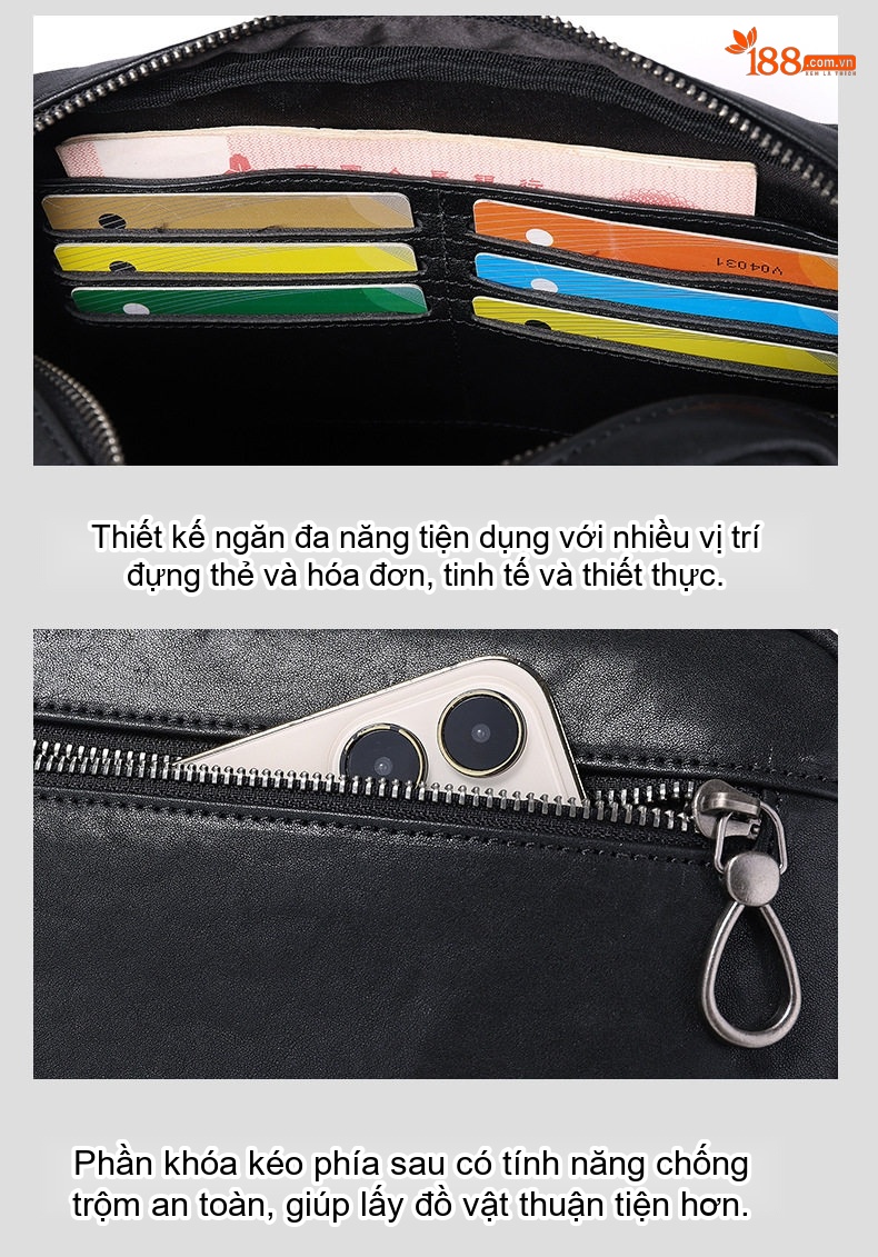 Túi Đeo Vai/Đeo Chéo Nam Da Bò Ngăn Ngang Phong Cách Casual Màu Đen chi tiết 23
