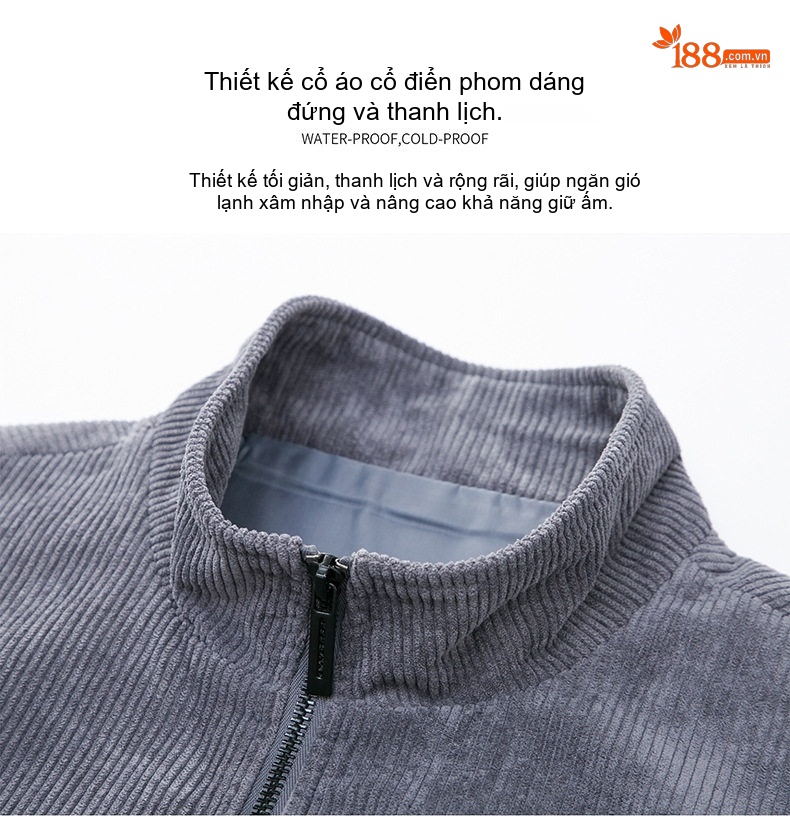 Áo Khoác Bomber Nam Vải Nhung Gân Dáng Rộng Cổ Trụ Lót Lông Màu Đen, Nâu, Xám chi tiết 6