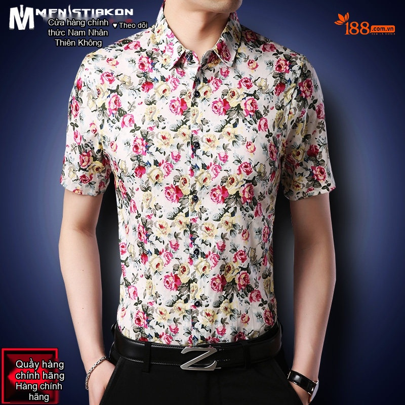 Áo Sơ Mi Tay Ngắn Nam Cotton Họa Tiết Hoa Mỏng Nhẹ Màu Đen, Trắng, Xanh Navy