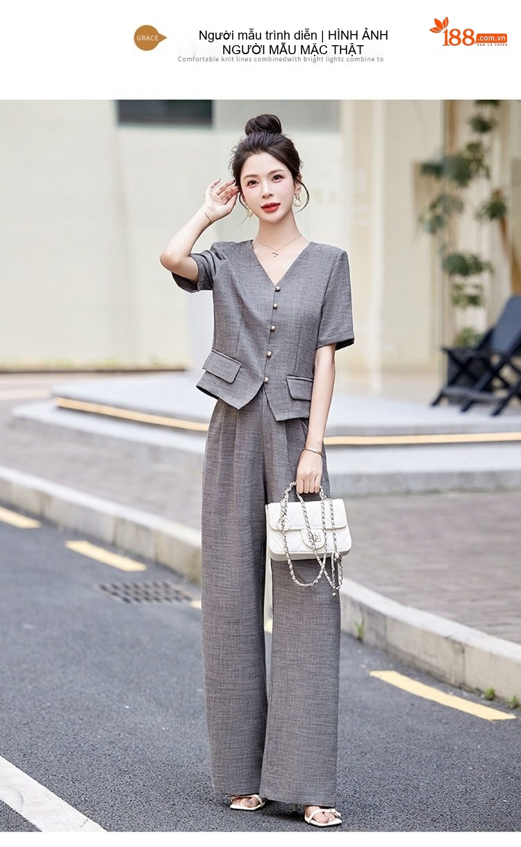 Bộ Quần Áo Nữ Cotton Linen Thiết Kế Áo Vest Tay Ngắn Quần Ống Rộng Phong Cách Thanh Lịch Màu Be, Xám chi tiết 13