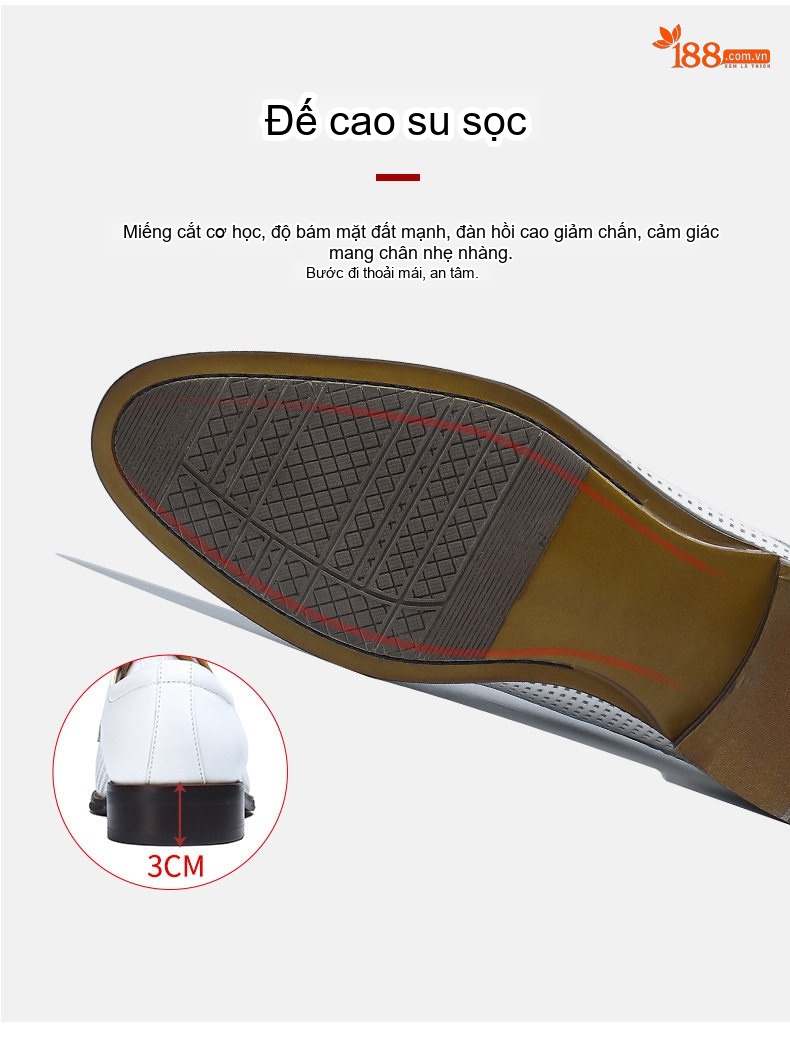 Giày Tây Buộc Dây Nam Da Bò Lỗ Thoáng Chiều Cao Đế Khoảng 3cm Màu Trắng chi tiết 13