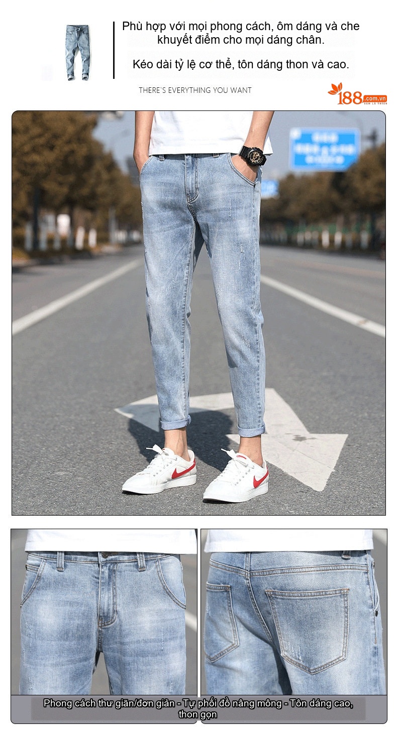 Quần Jean Nam Dáng Slim Fit Ống Lửng Phong Cách Casual Màu Xanh chi tiết 2